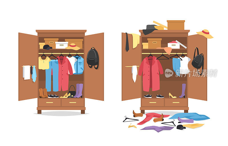 Messy clothes in wardrobe. Garments before, after organization in wooden closet, organized and thrown clothing shoes and accessories, cleaning and storing things, female vector concept